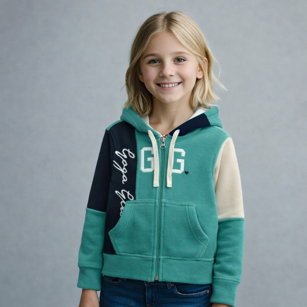 Sudadera polar bordada con capucha ajustable para niña , bolsas frontales y cierre.