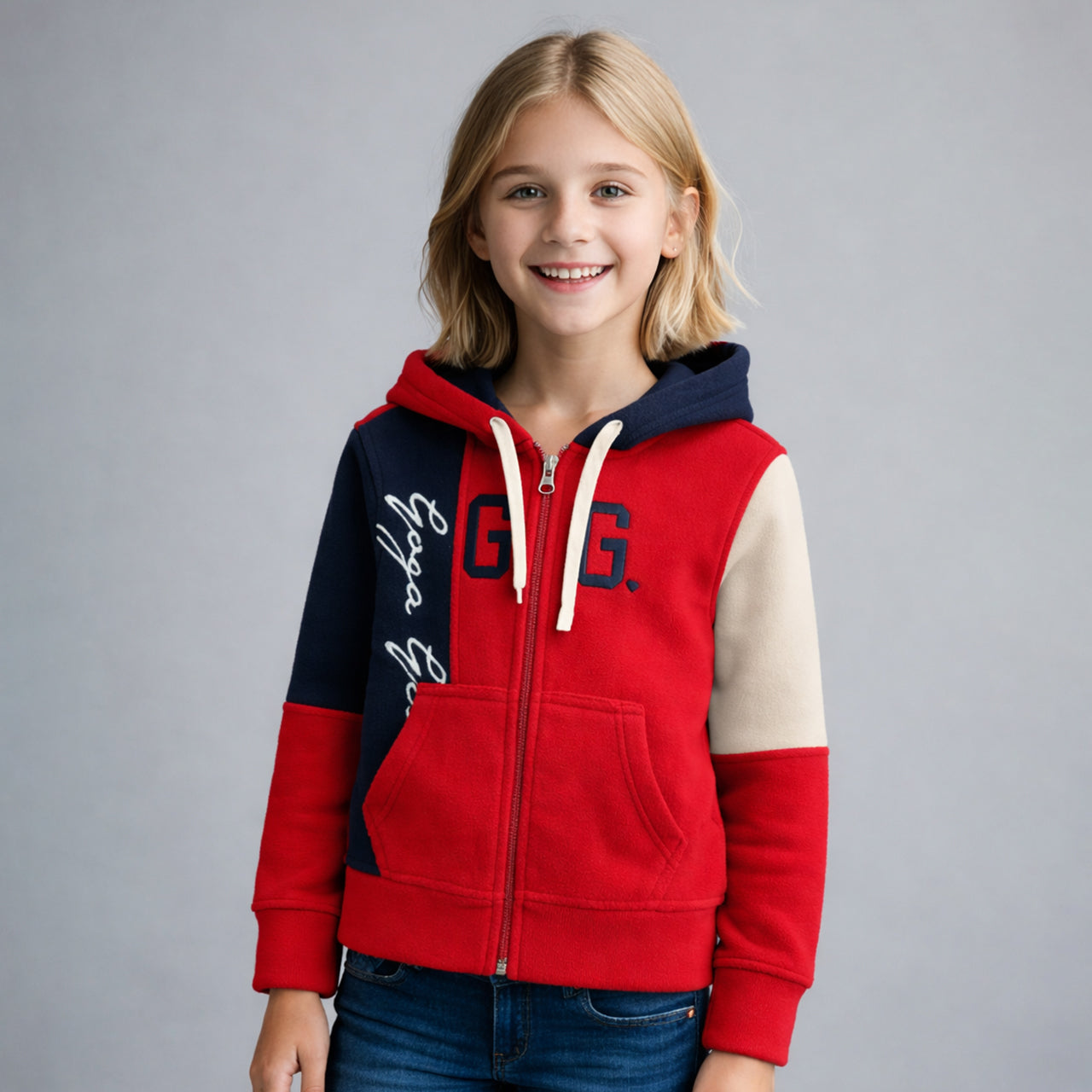 Sudadera polar bordada con capucha ajustable para niña , bolsas frontales y cierre.