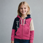 Sudadera polar bordada con capucha ajustable para niña , bolsas frontales y cierre.