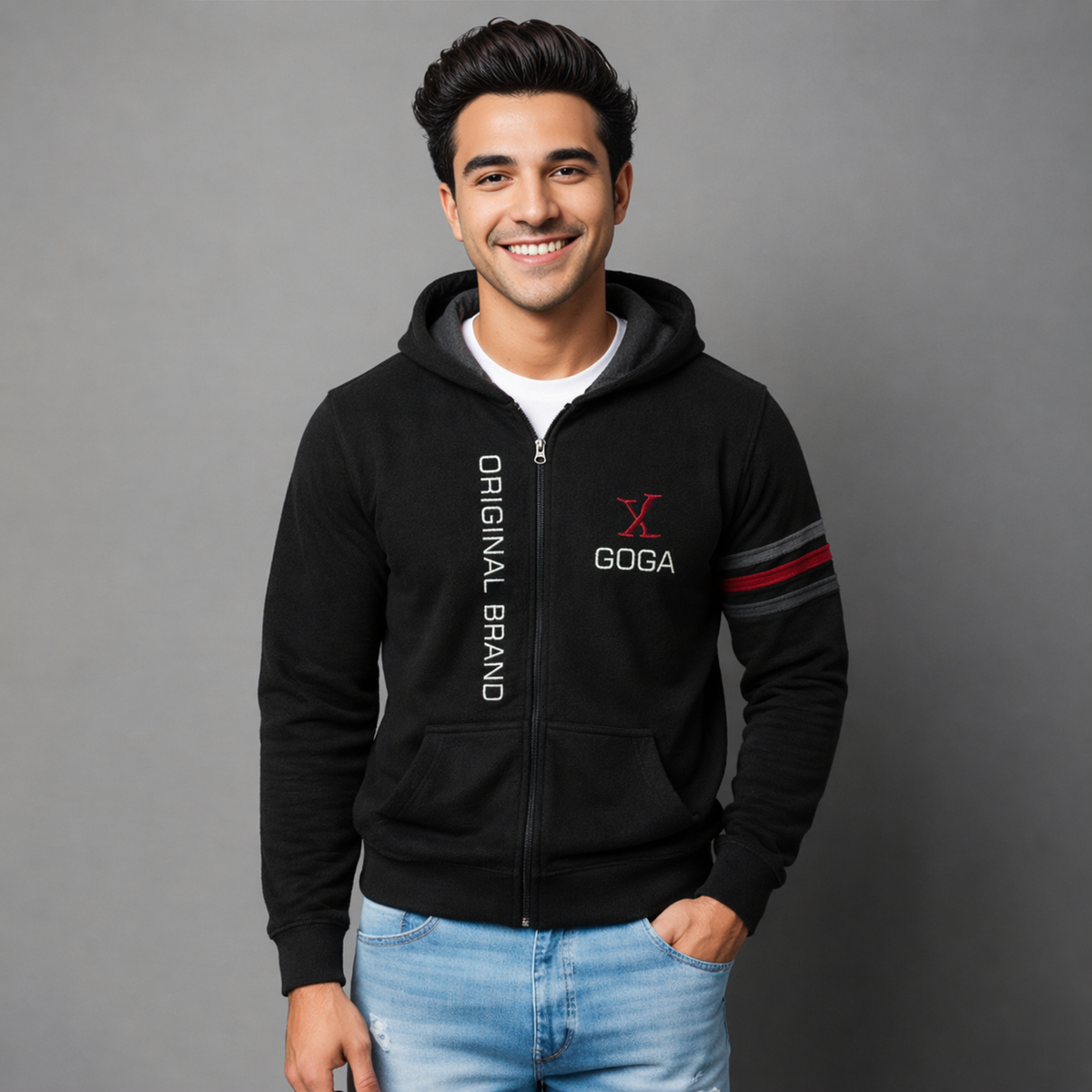 Sudadera polar para hombre, bordada con manga larga, bolsas frontales y cierre.