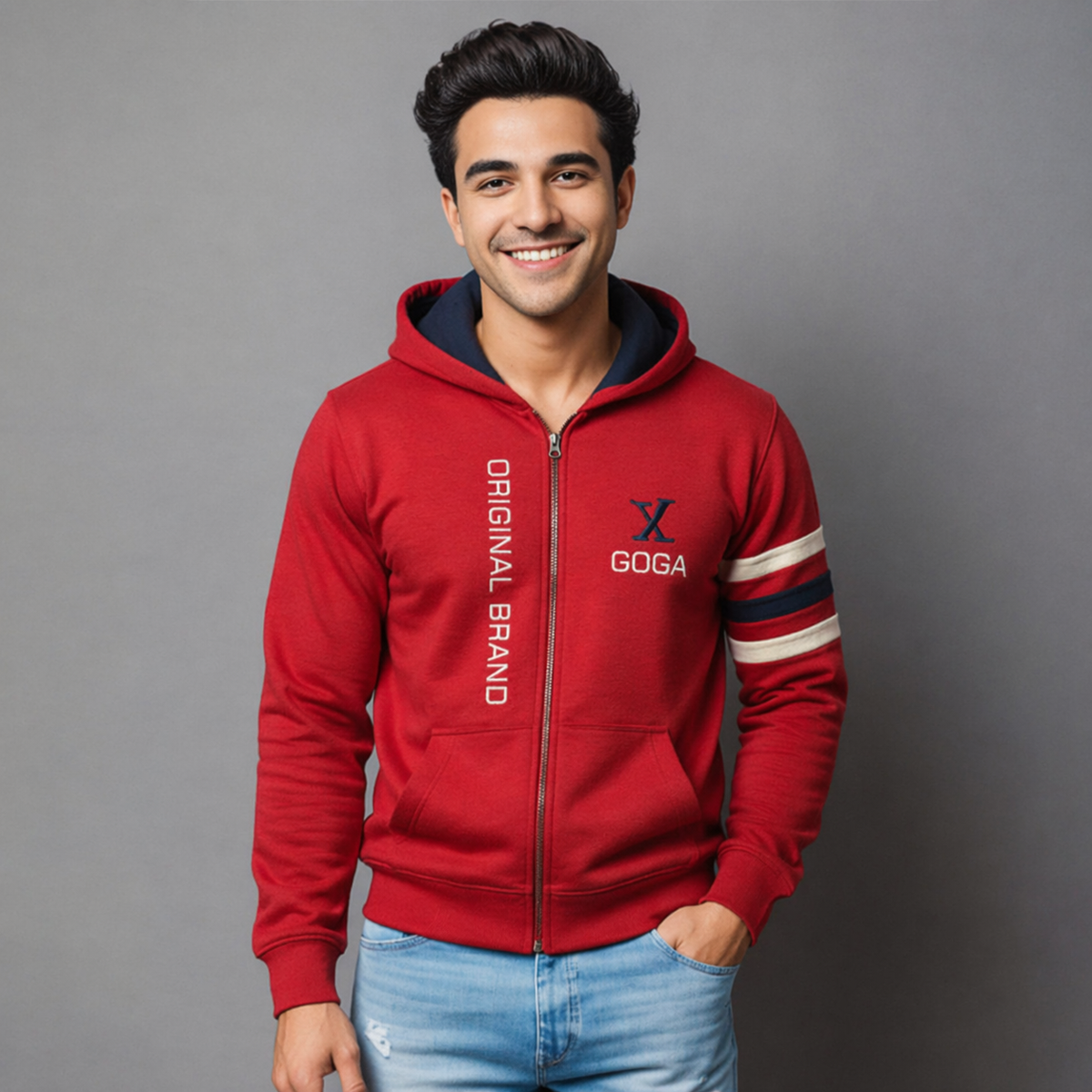 Sudadera polar para hombre, bordada con manga larga, bolsas frontales y cierre.