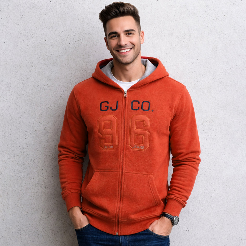 Sudadera polar para hombre, bordada con manga larga, bolsas frontales y cierre.