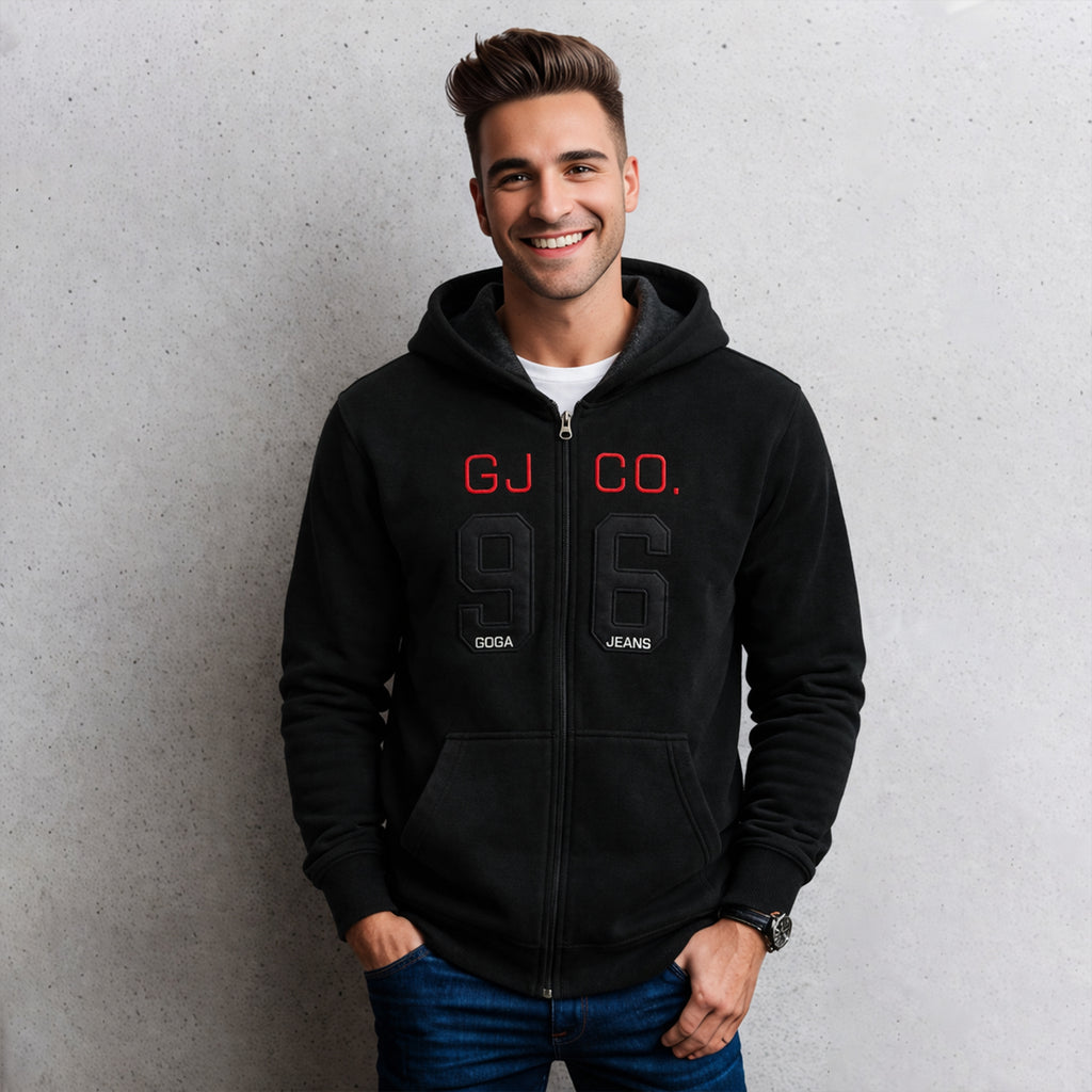 Sudadera polar para hombre, bordada con manga larga, bolsas frontales y cierre.