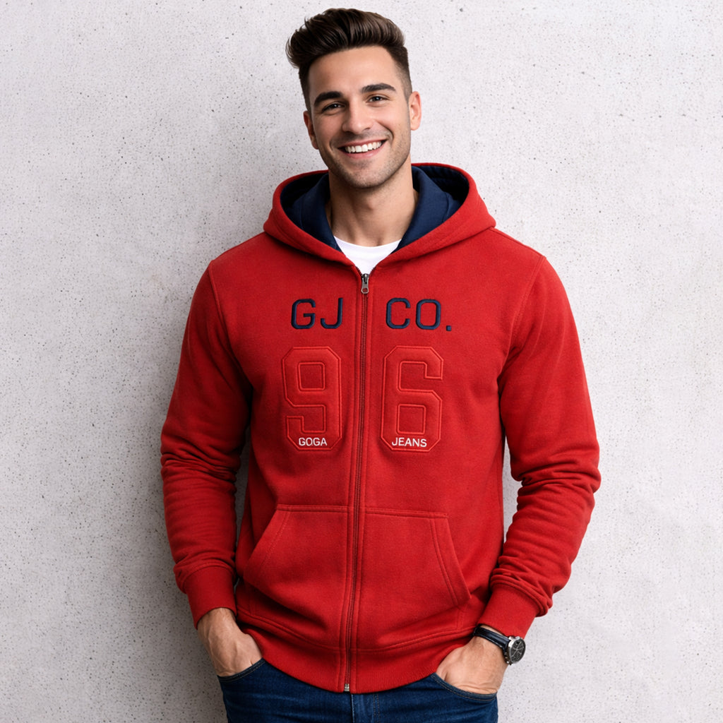 Sudadera polar para hombre, bordada con manga larga, bolsas frontales y cierre.