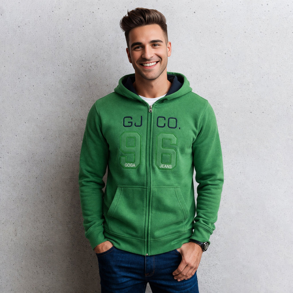 Sudadera polar para hombre, bordada con manga larga, bolsas frontales y cierre.