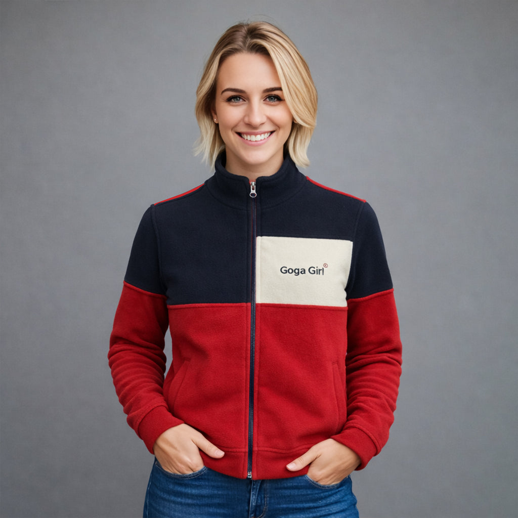 Sudadera polar para Mujer bordada, con manga larga y Cuello Alto. bolsas frontales y cierre.