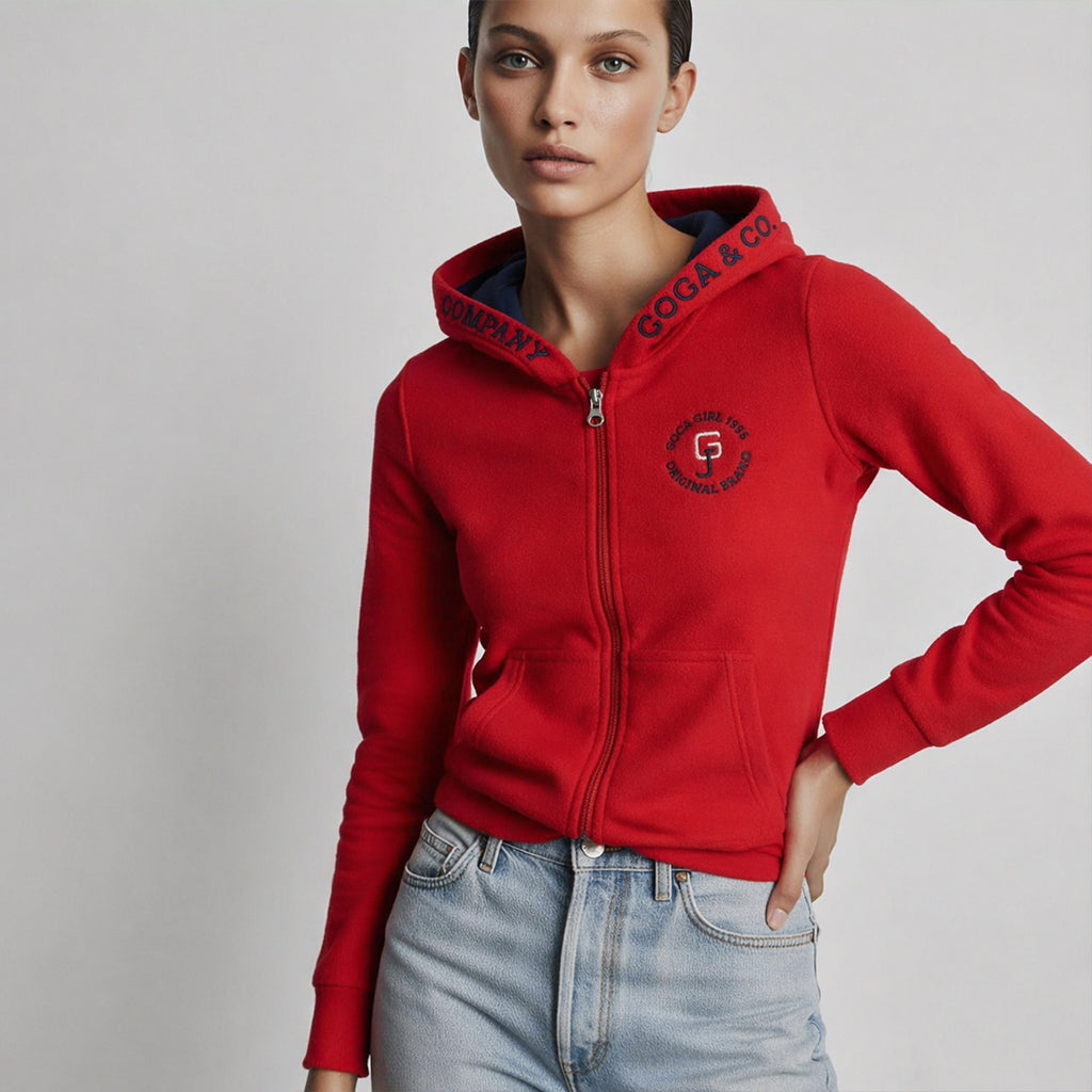 Sudadera polar para Mujer bordada, con manga larga, capucha,  bolsas frontales y cierre.
