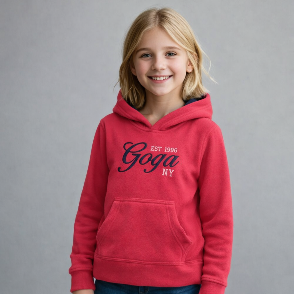 Sudadera polar bordada con capucha ajustable para niña , bolsas frontales.