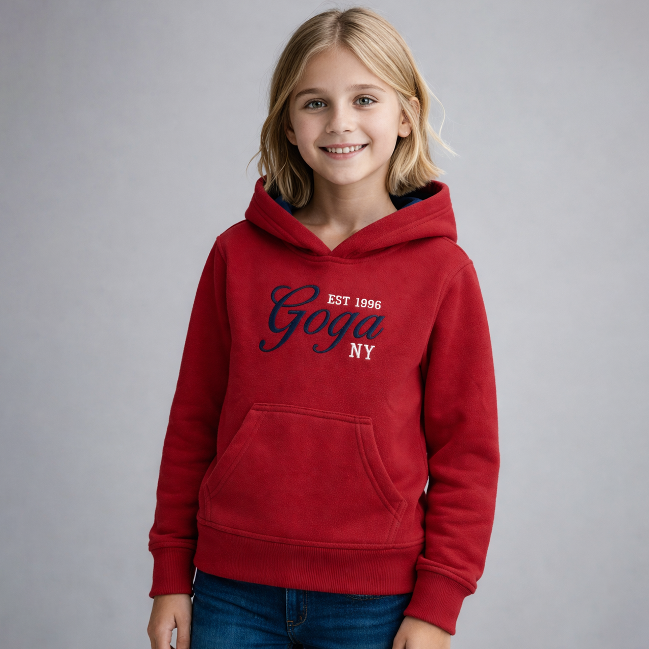 Sudadera polar bordada con capucha ajustable para niña , bolsas frontales.