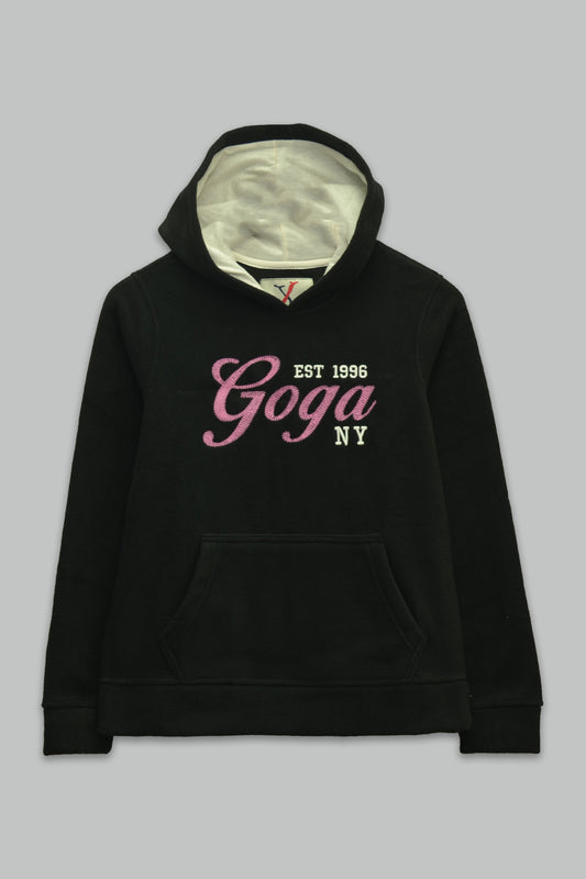 Sudadera polar Dama bordada con manga larga, capucha ajustable y bolsa frontal.