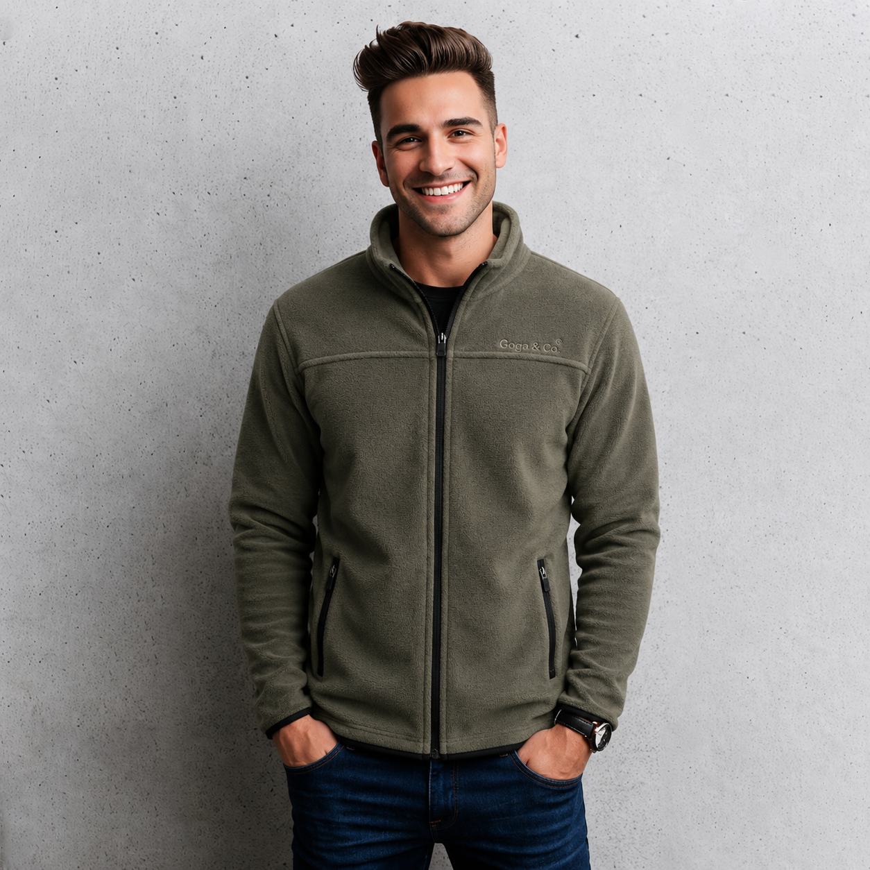 Sudadera polar bordada de cuello alto, con manga larga, bolsas frontales y cierre