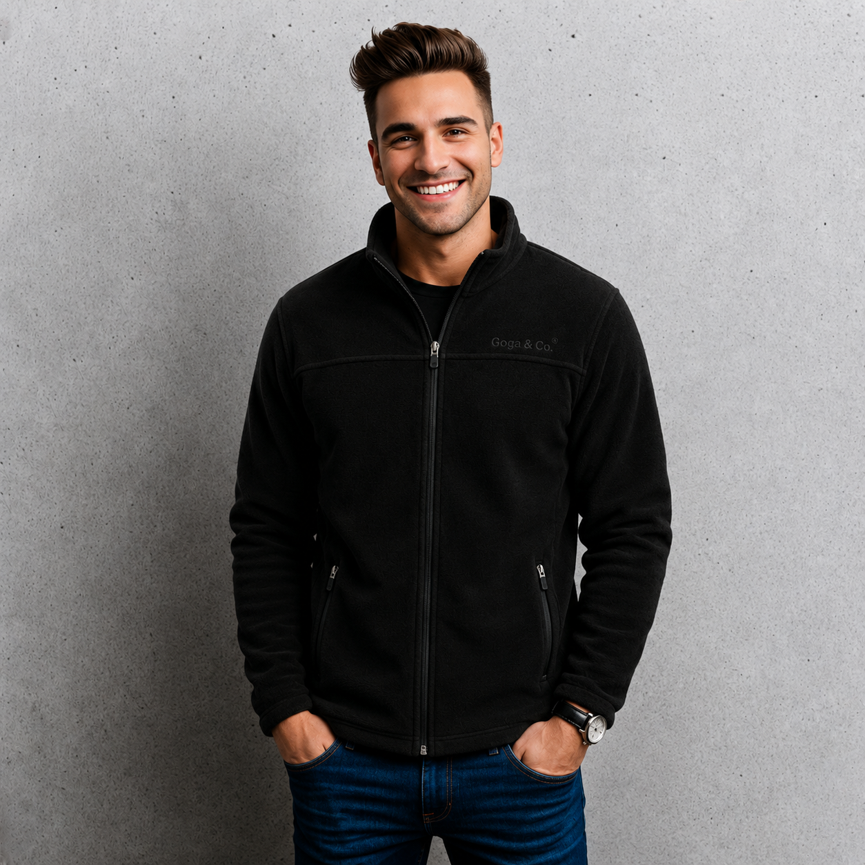 Sudadera polar bordada de cuello alto, con manga larga, bolsas frontales y cierre
