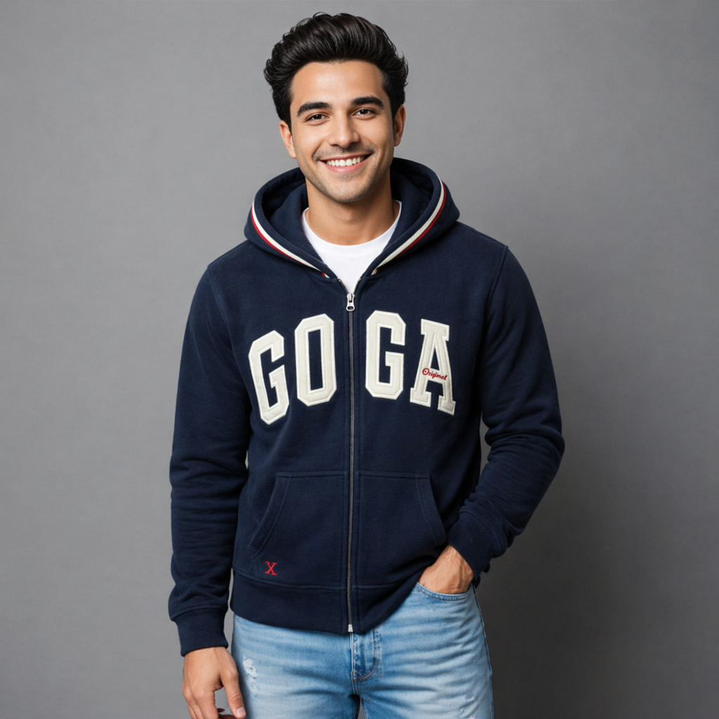 Sudadera polar para hombre, bordada con manga larga, bolsas frontales y cierre.