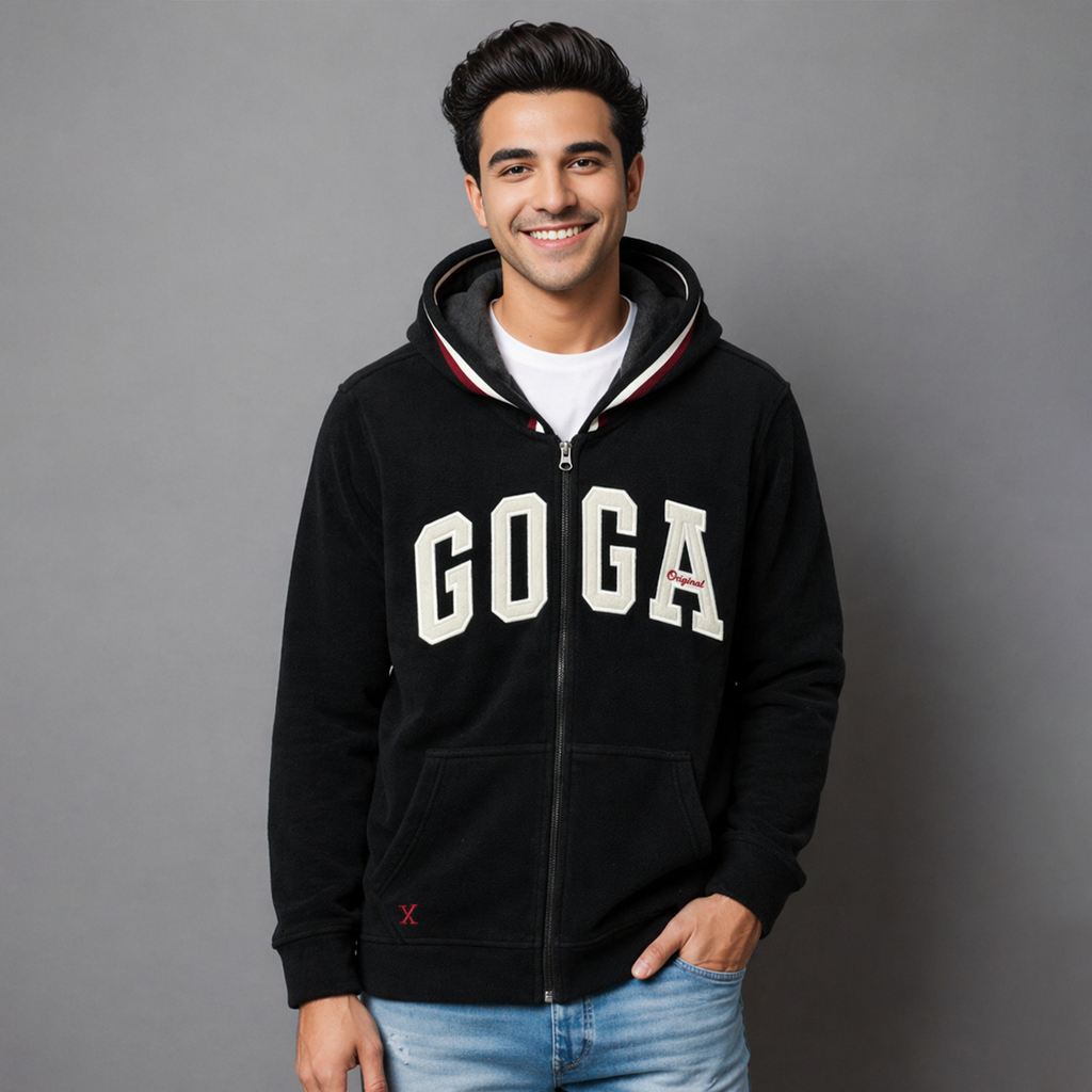 Sudadera polar para hombre, bordada con manga larga, bolsas frontales y cierre.