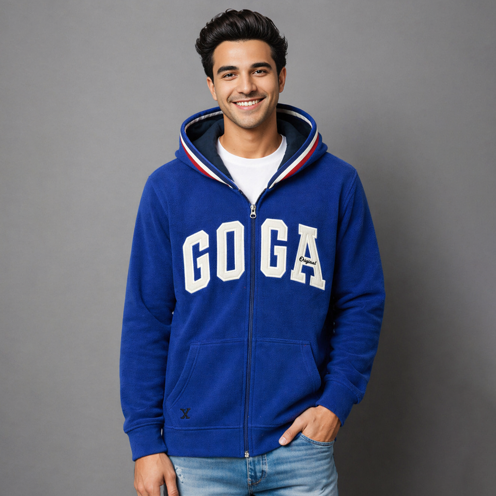 Sudadera polar para hombre, bordada con manga larga, bolsas frontales y cierre.