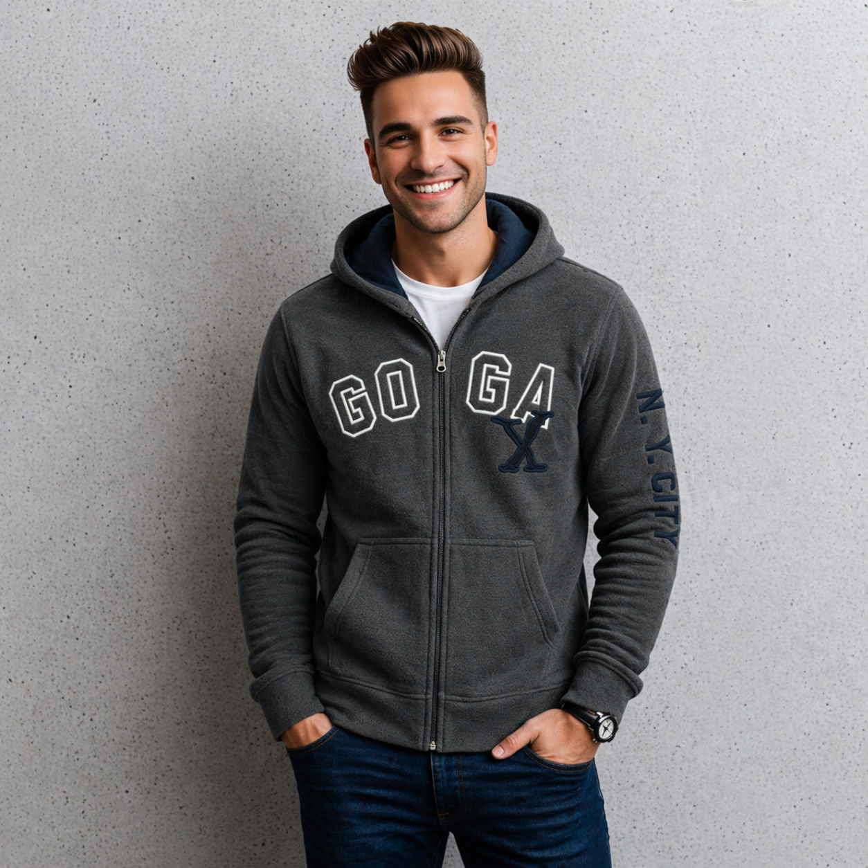 Sudadera polar para hombre, bordada con manga larga, bolsas frontales y cierre.