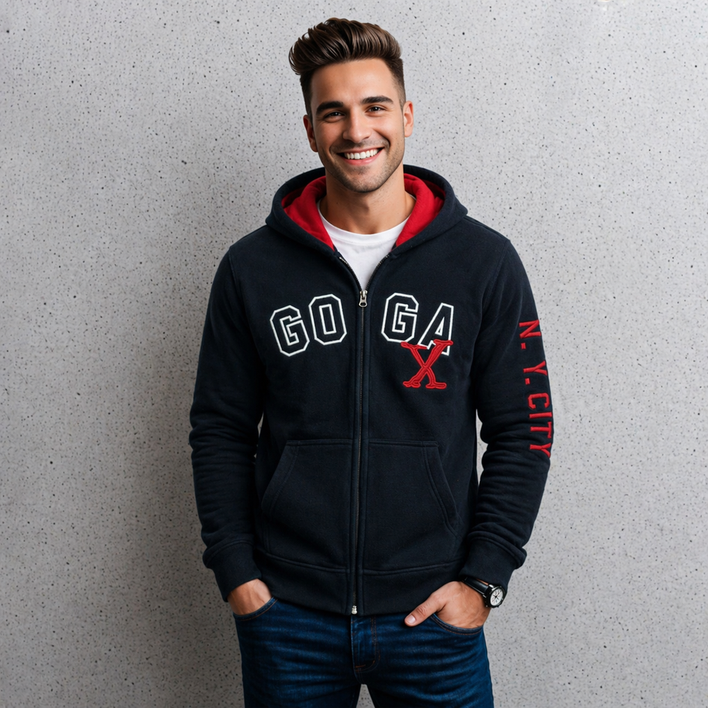 Sudadera polar para hombre, bordada con manga larga, bolsas frontales y cierre.