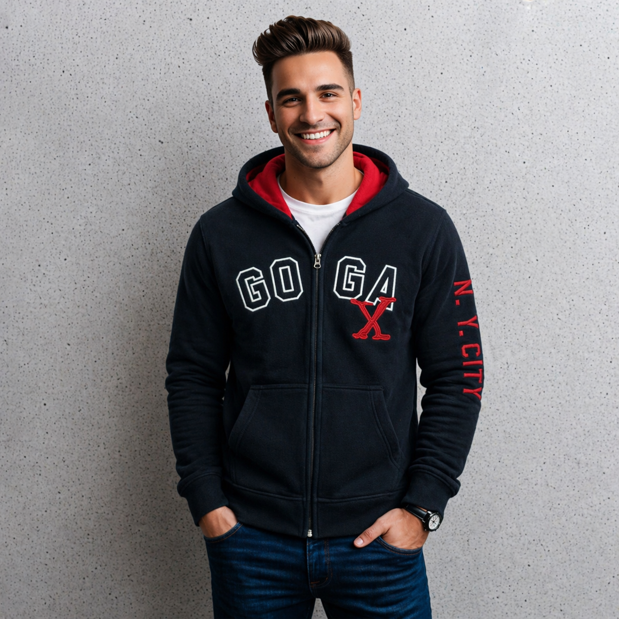 Sudadera polar para hombre, bordada con manga larga, bolsas frontales y cierre.