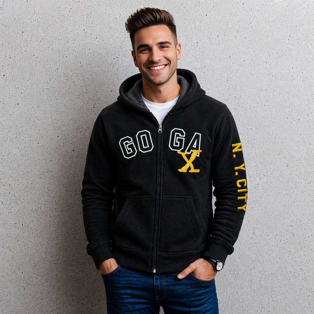 Sudadera polar para hombre, bordada con manga larga, bolsas frontales y cierre.