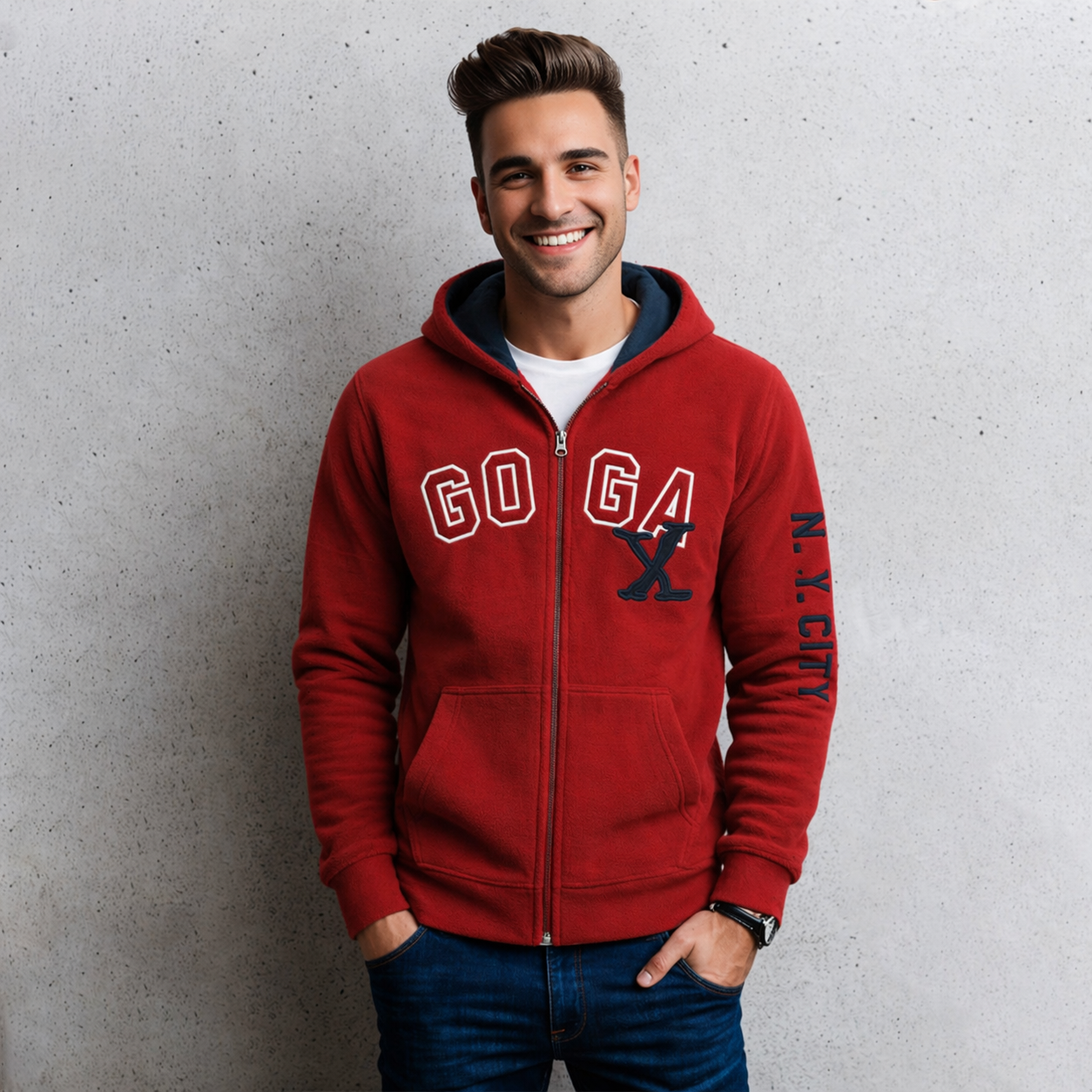 Sudadera polar para hombre, bordada con manga larga, bolsas frontales y cierre.