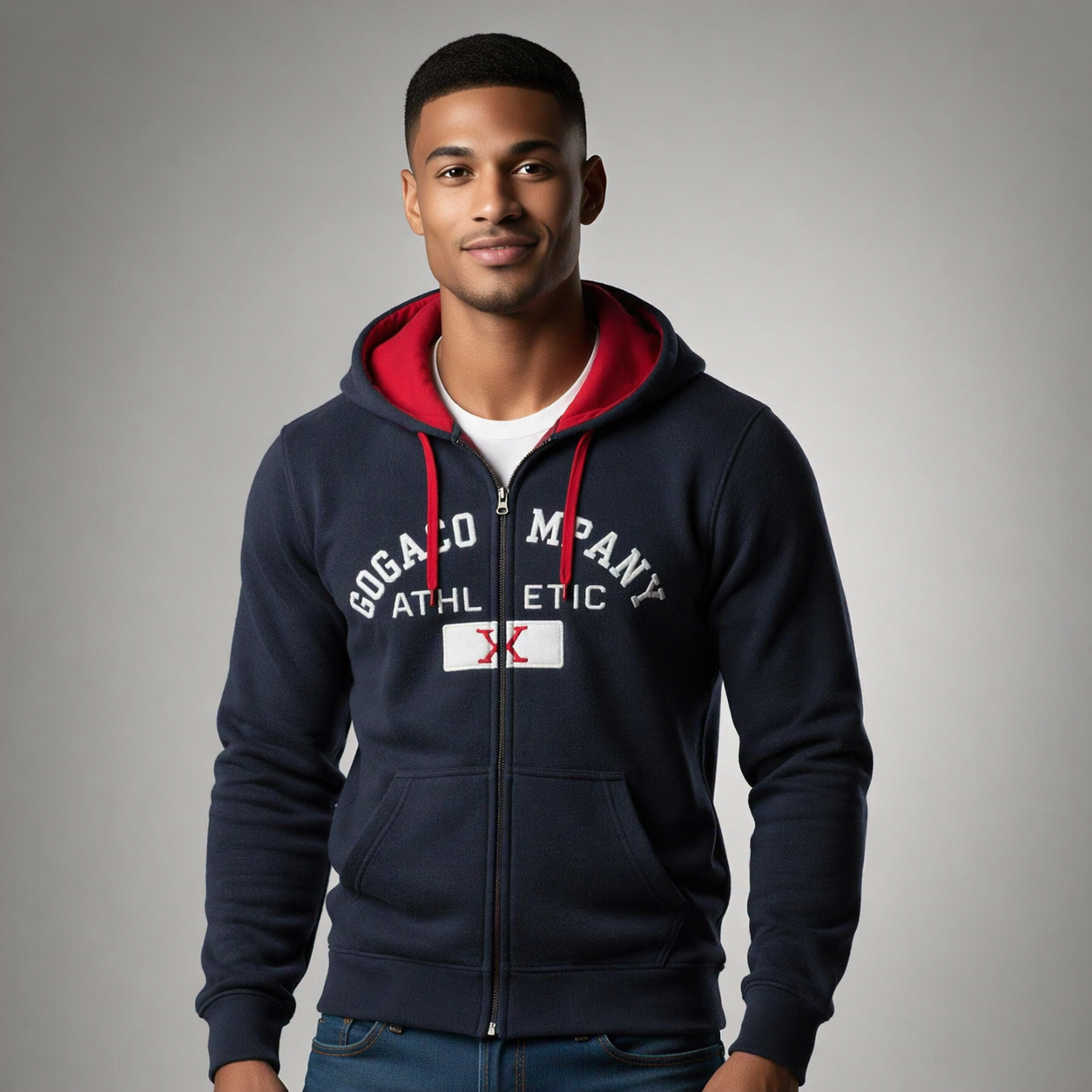 Sudadera polar para hombre, bordada con manga larga, bolsas frontales y cierre.
