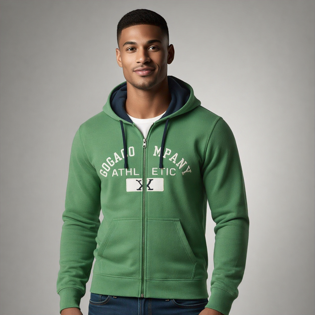 Sudadera polar para hombre, bordada con manga larga, bolsas frontales y cierre.