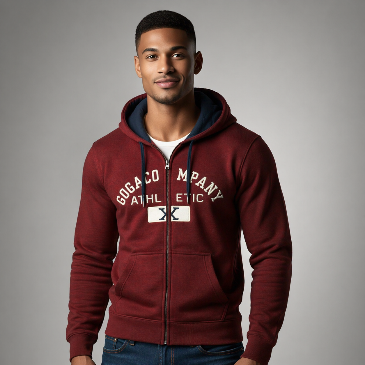 Sudadera polar para hombre, bordada con manga larga, bolsas frontales y cierre.