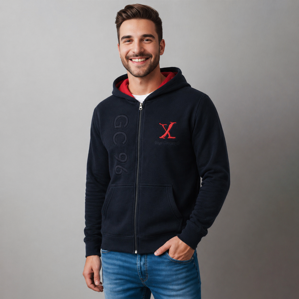 Sudadera polar para hombre, bordada con manga larga, bolsas frontales y cierre.