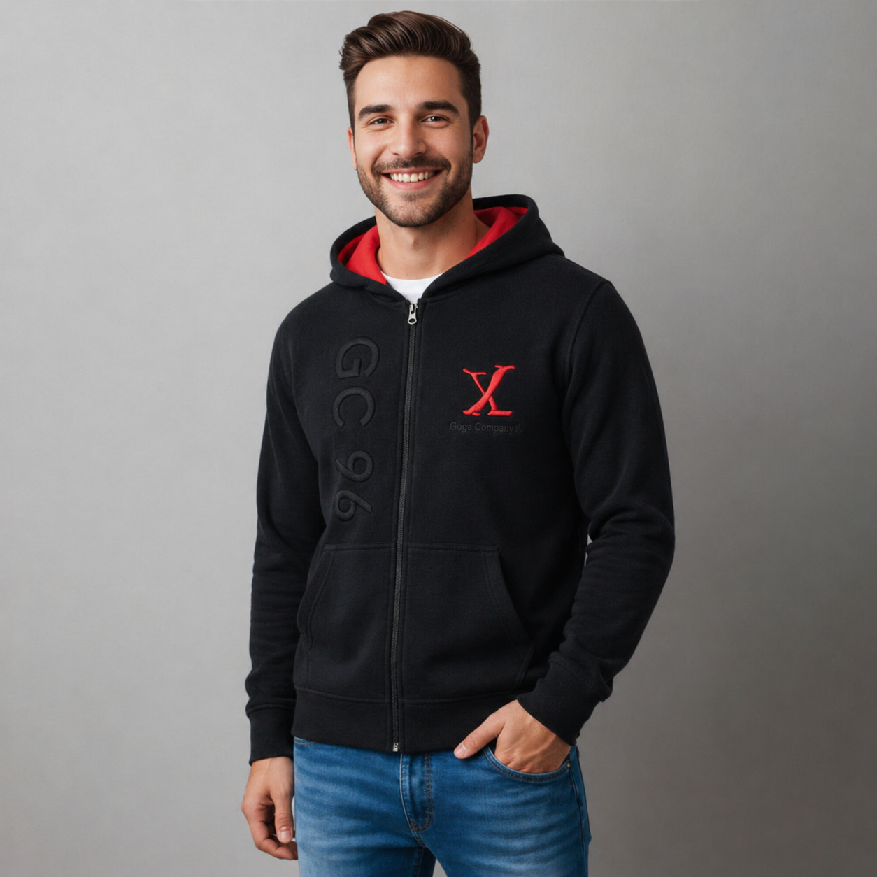Sudadera polar para hombre, bordada con manga larga, bolsas frontales y cierre.