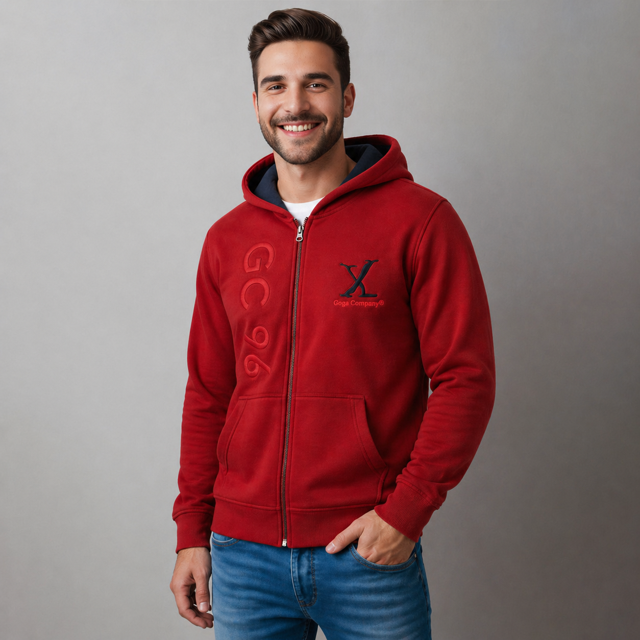 Sudadera polar para hombre, bordada con manga larga, bolsas frontales y cierre.