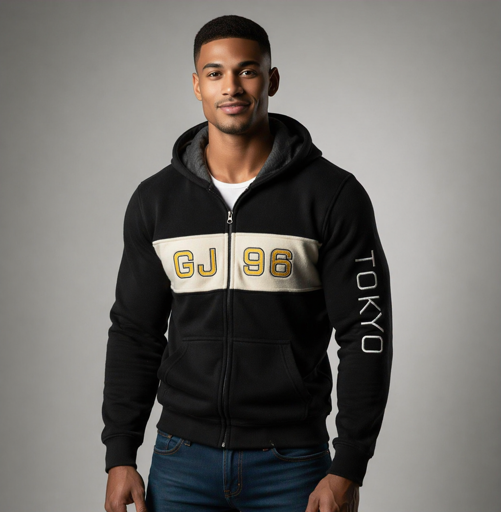 Sudadera polar para hombre, bordada con manga larga, bolsas frontales y cierre.