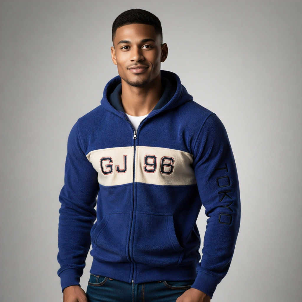 Sudadera polar para hombre, bordada con manga larga, bolsas frontales y cierre.