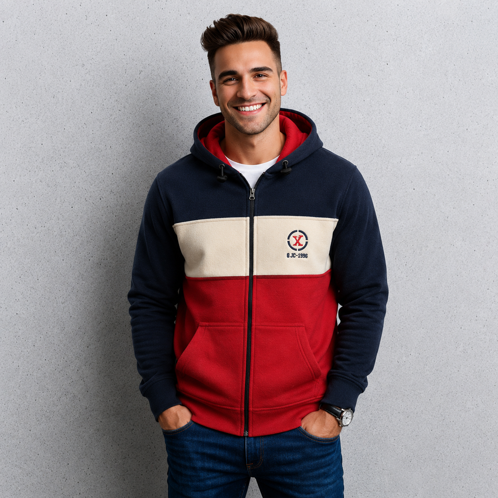 Sudadera polar para hombre, bordada con manga larga, bolsas frontales y cierre.