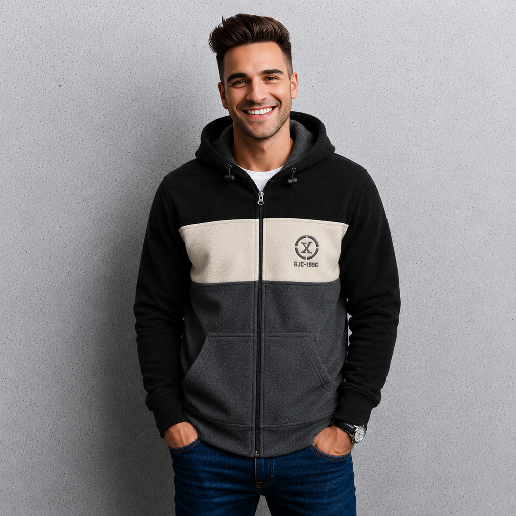 Sudadera polar para hombre, bordada con manga larga, bolsas frontales y cierre.