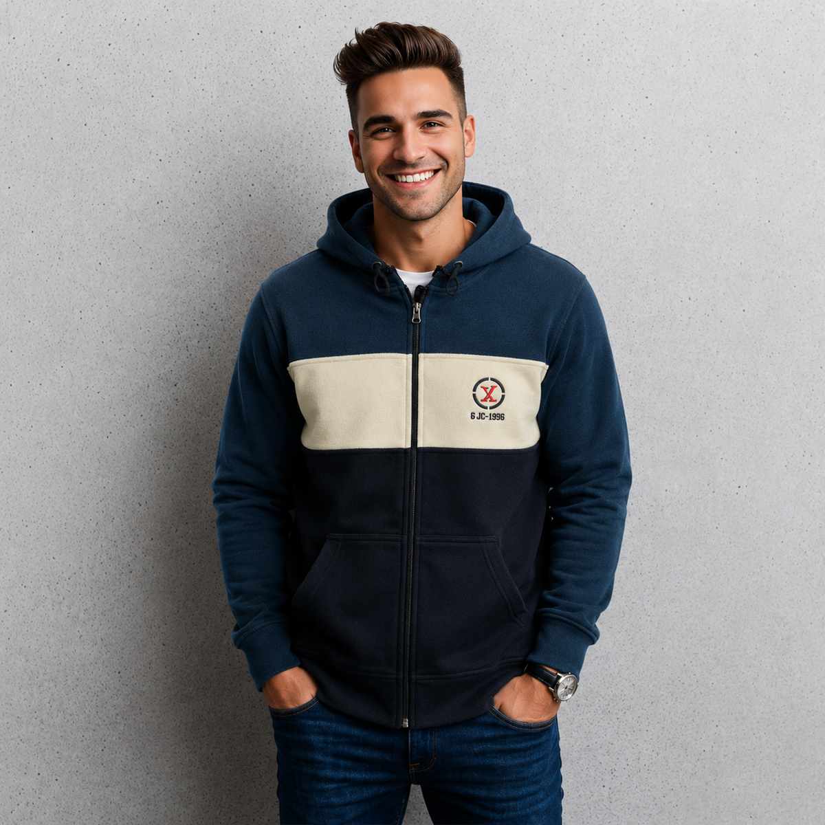 Sudadera polar para hombre, bordada con manga larga, bolsas frontales y cierre.