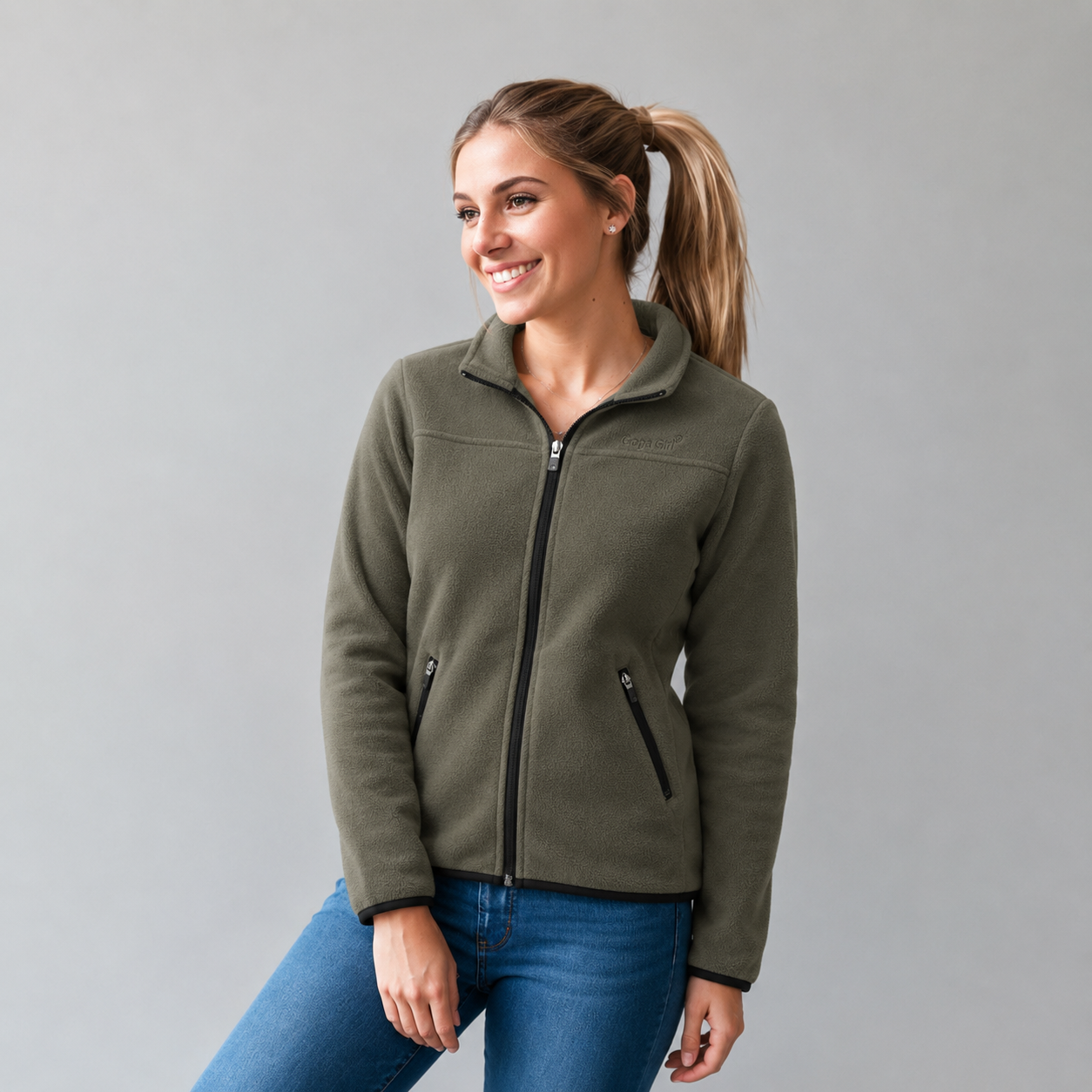 Sudadera polar para Mujer bordada Cuello alto con manga larga. bolsas frontales y cierre.