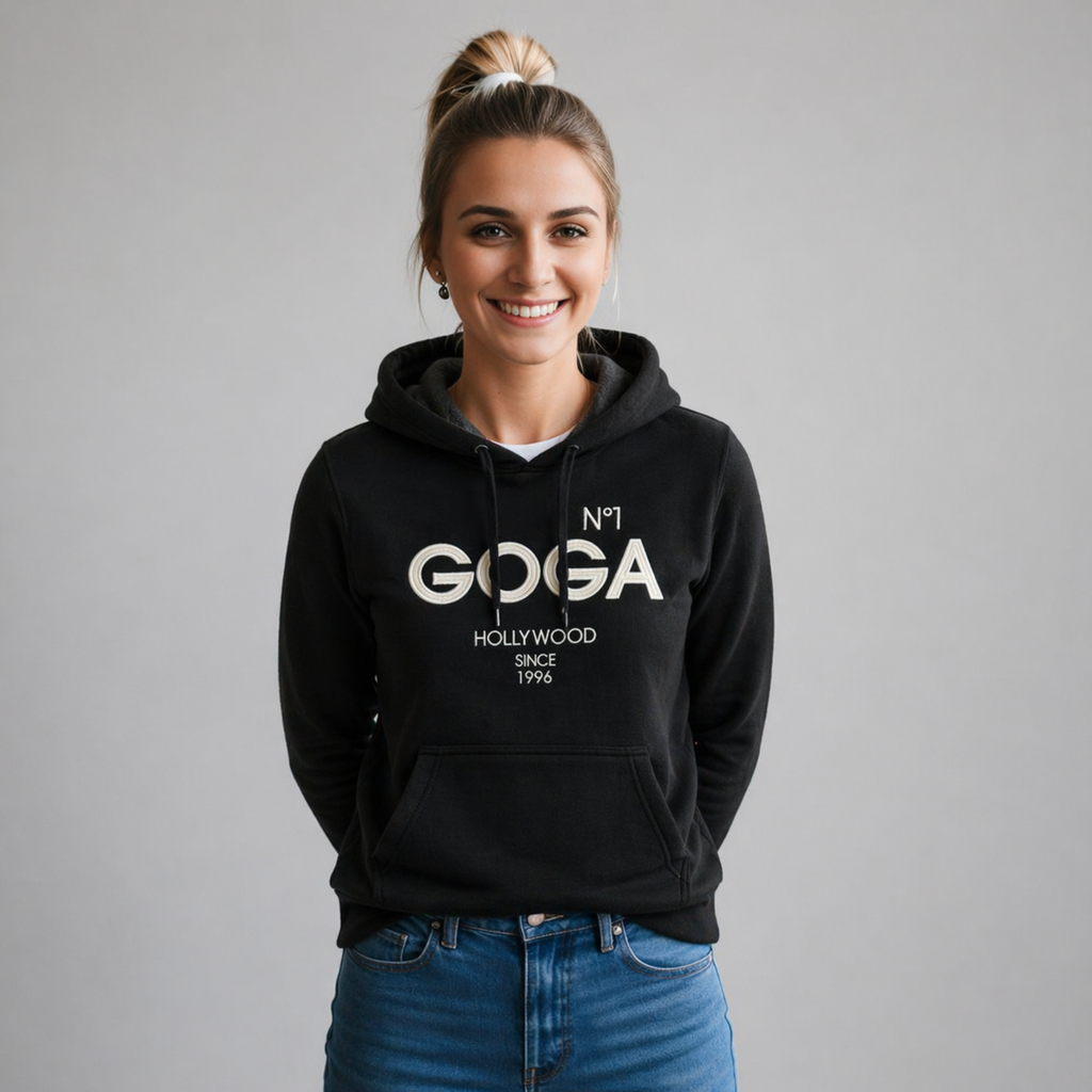 Sudadera polar Dama bordada con manga larga, capucha ajustable y bolsa frontal.