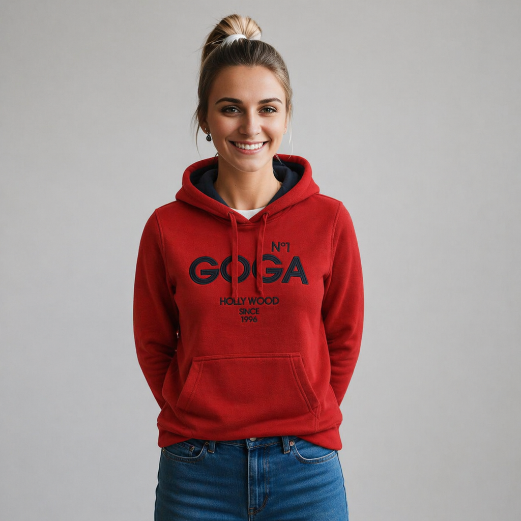 Sudadera polar Dama bordada con manga larga, capucha ajustable y bolsa frontal.