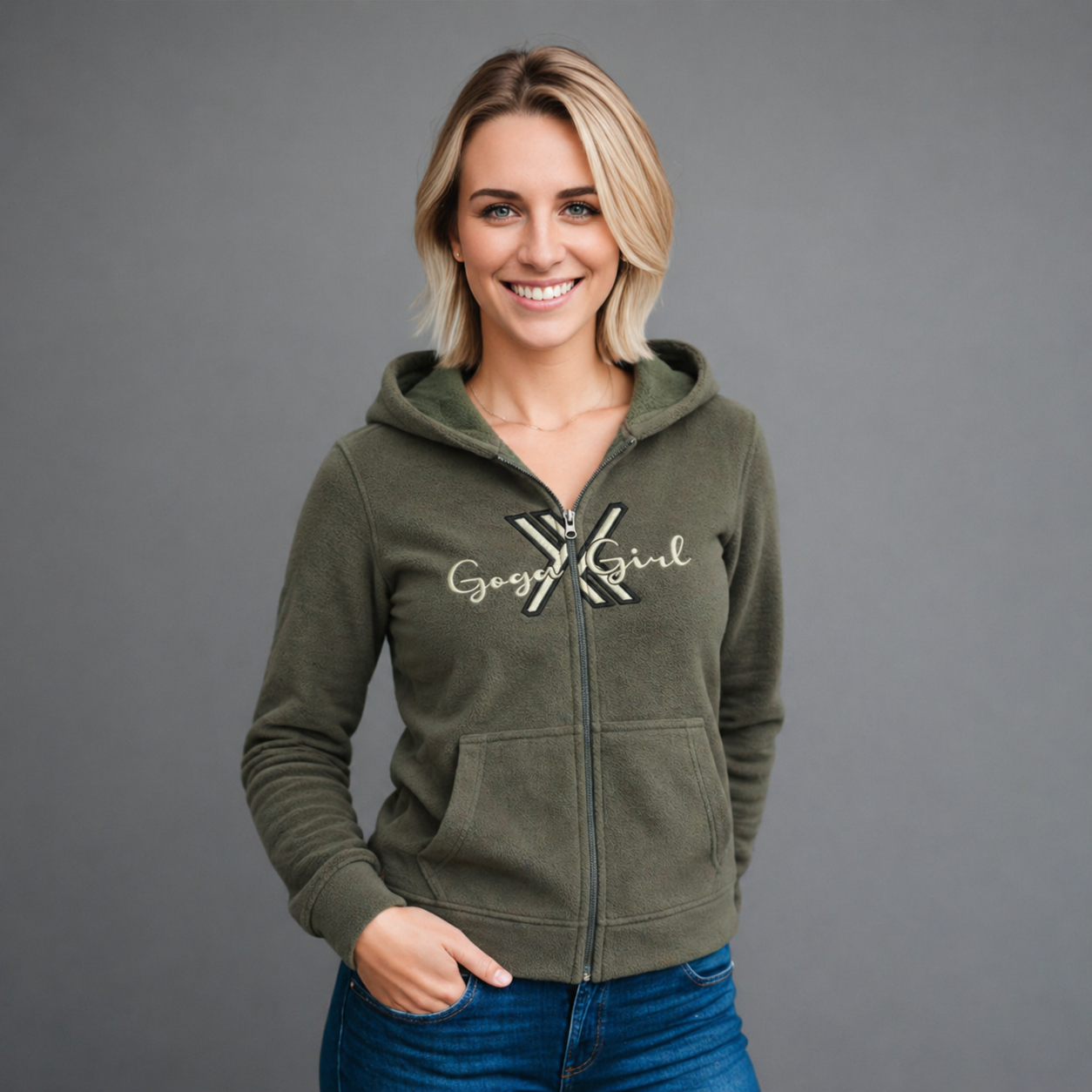 Sudadera polar para Mujer bordada, con manga larga, capucha,  bolsas frontales y cierre.