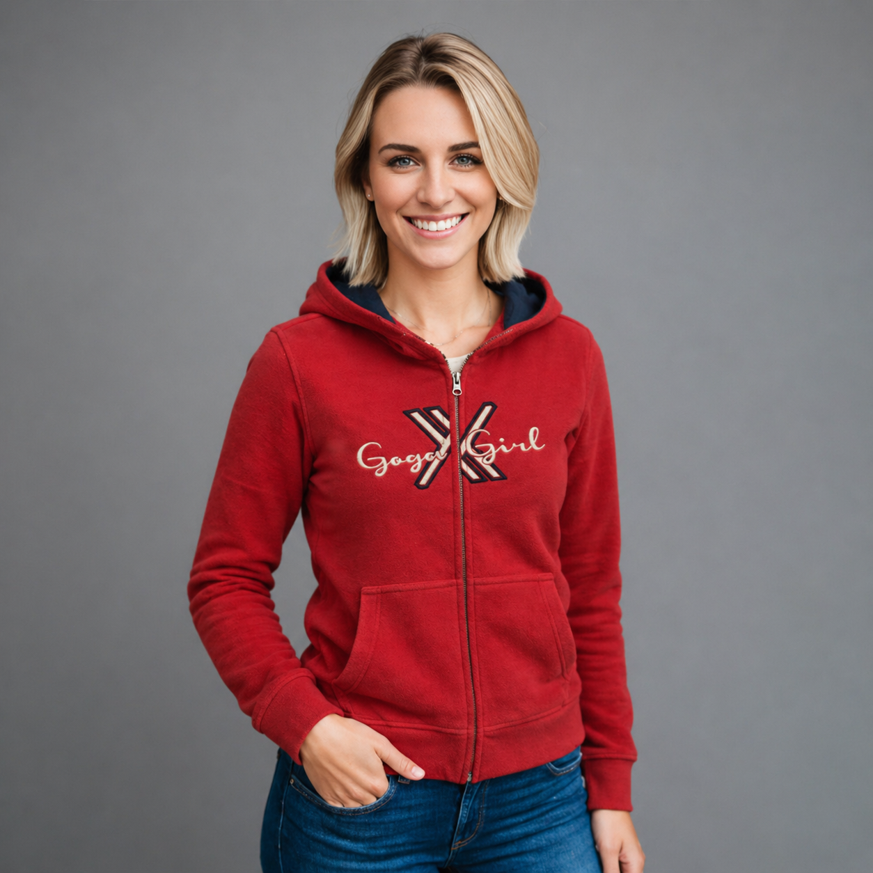 Sudadera polar para Mujer bordada, con manga larga, capucha,  bolsas frontales y cierre.