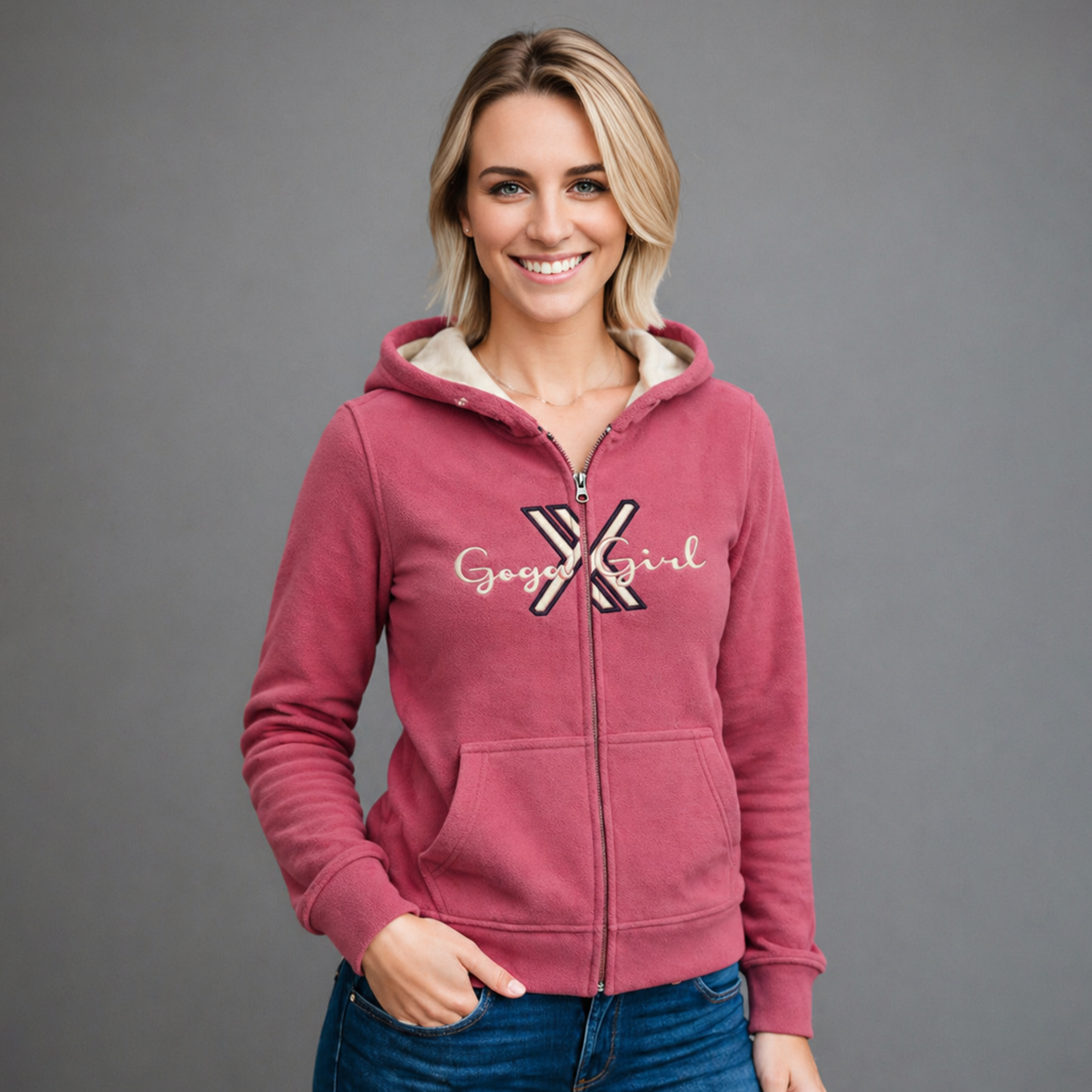 Sudadera polar para Mujer bordada, con manga larga, capucha,  bolsas frontales y cierre.