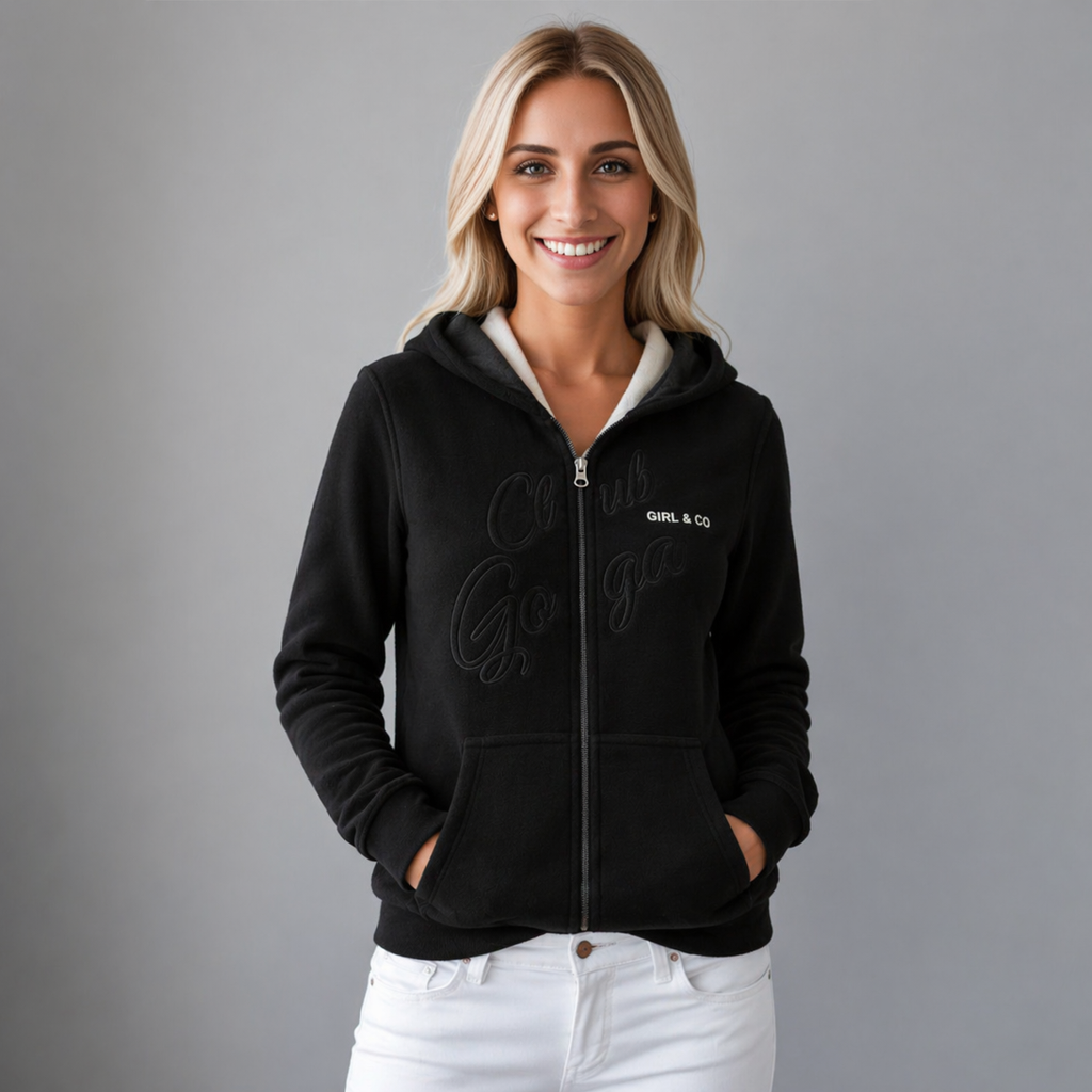 Sudadera polar para Mujer bordada, con manga larga, capucha,  bolsas frontales y cierre.