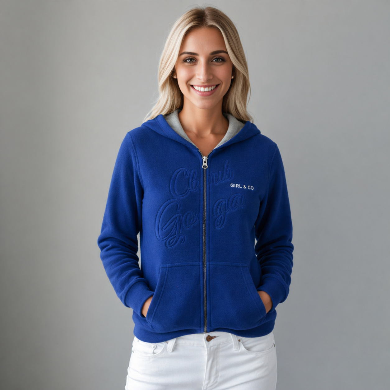 Sudadera polar para Mujer bordada, con manga larga, capucha,  bolsas frontales y cierre.