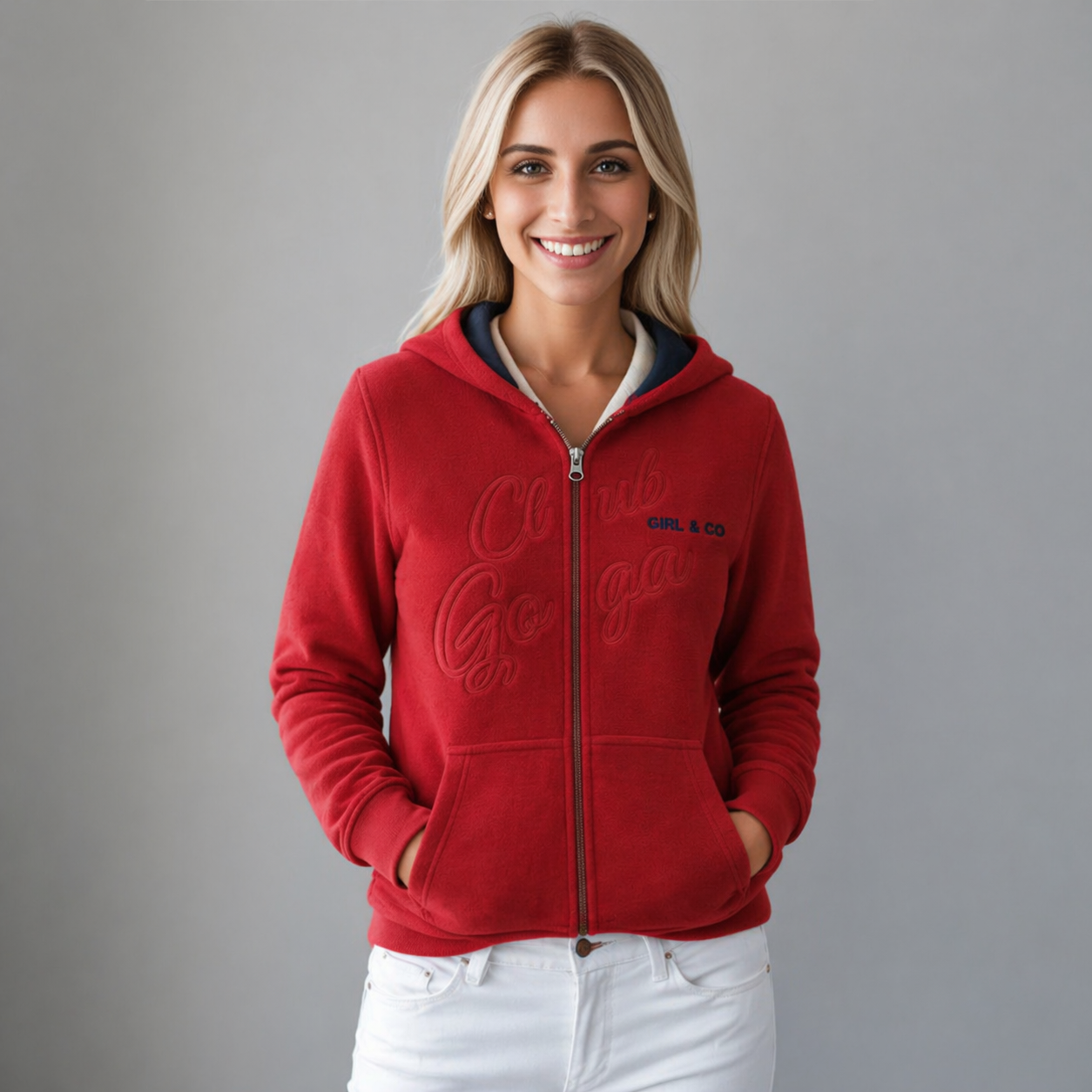Sudadera polar para Mujer bordada, con manga larga, capucha,  bolsas frontales y cierre.