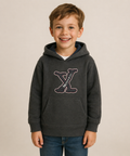 Sudadera polar bordada con manga larga, capucha ajustable, bolsa frontal.