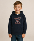 Sudadera polar bordada con manga larga, capucha ajustable, bolsa frontal.