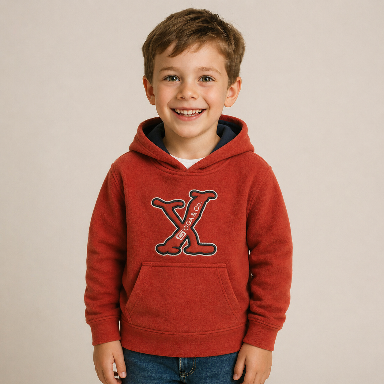 Sudadera polar bordada con manga larga, capucha ajustable, bolsa frontal.