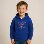 Sudadera polar bordada con manga larga, capucha ajustable, bolsa frontal.