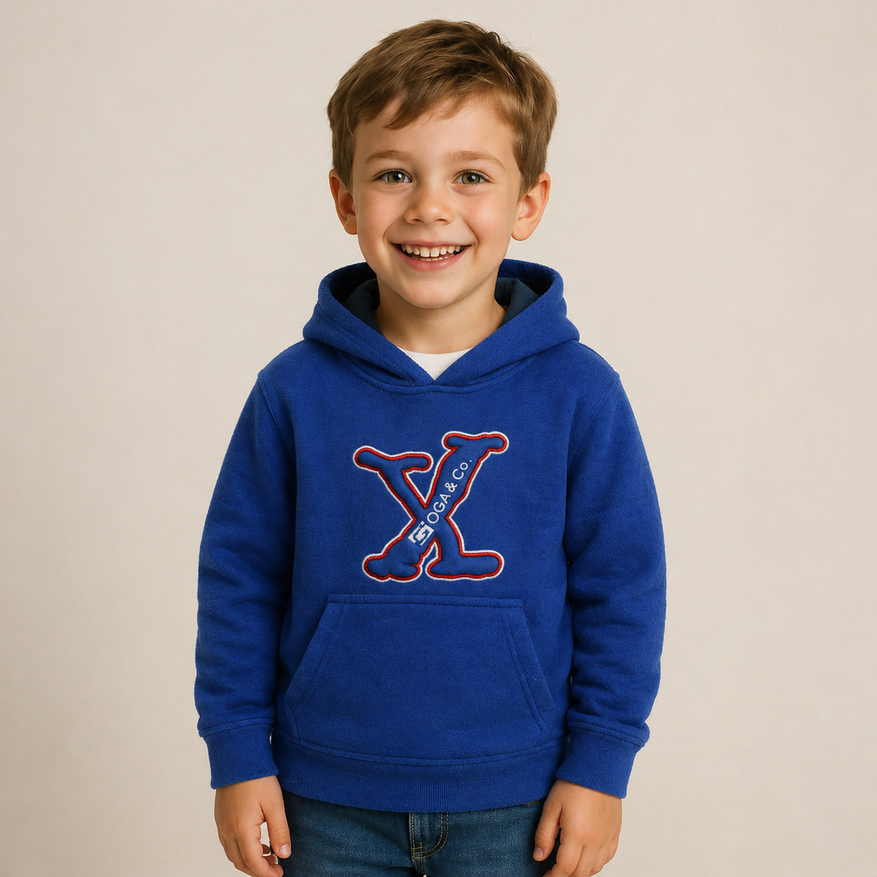Sudadera polar bordada con manga larga, capucha ajustable, bolsa frontal.