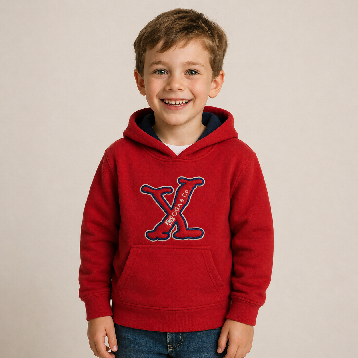 Sudadera polar bordada con manga larga, capucha ajustable, bolsa frontal.